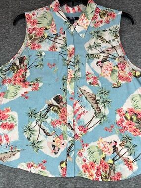 Chaps Sleeveless Hawaiian Print Button-Up Top Women's Size XXL